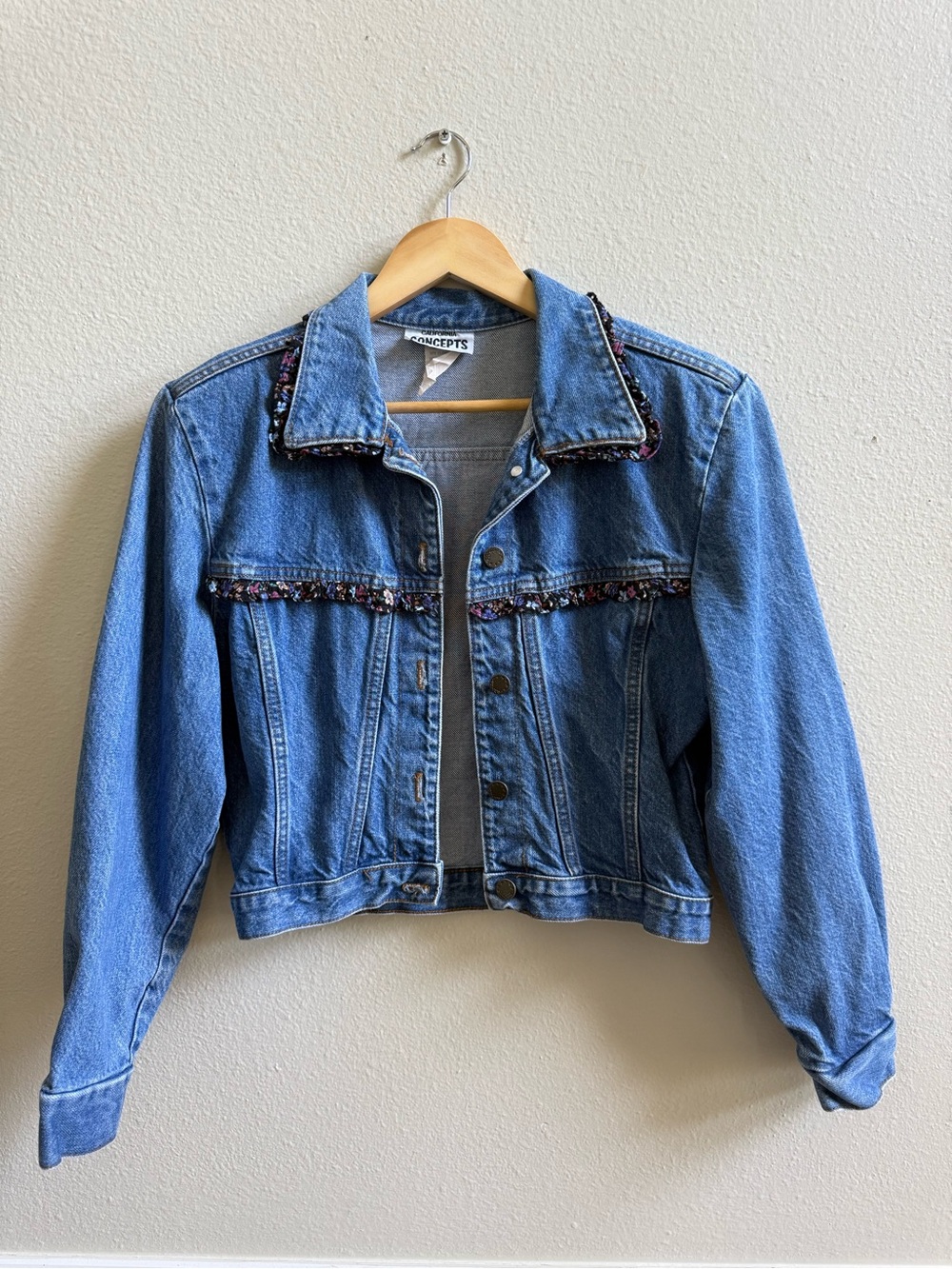 Vintage denim jacket with floral trim